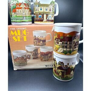 Fine Ceramic Mug Set Country Scenes Set of Four Made in Japan with Original Box